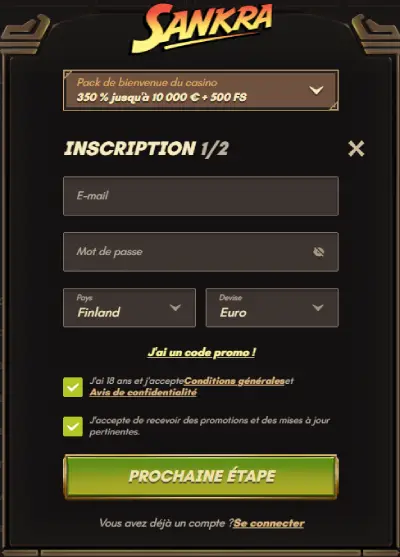 L'inscription sur Sankra Casino FR